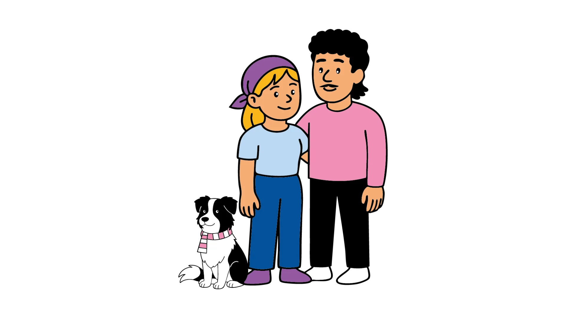 Un couple et leur chien Archibald, illustrés dans un style cherche-et-trouve